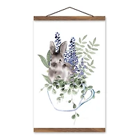 Bunny In Teacup Floral 12" x 18" Teak Hanging Canvas