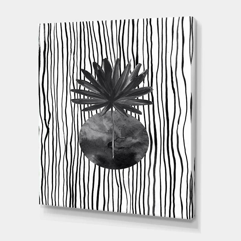 Designart - Black and White Tropical Leaf On Striped I