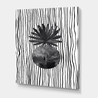 Designart - Black and White Tropical Leaf On Striped I