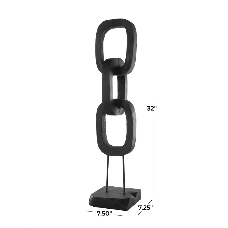 32" Black Teak Wood 3-Link Chain Sculpture with Stand