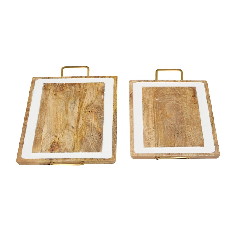 White & Brown Mango Wood Modern Tray Set