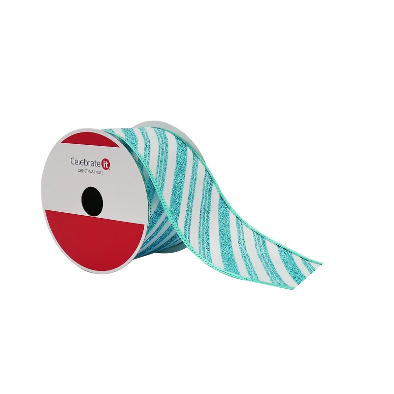 2.5" x 20ft. Turquoise Glitter Diagonal Stripes Wired Taffeta Ribbon by Celebrate It®