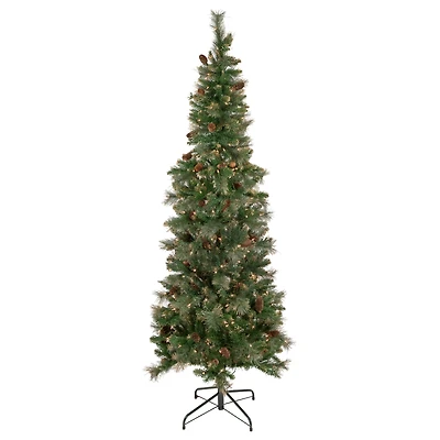 7ft. Pre-Lit Yorkshire Pine Pencil Artificial Christmas Tree with Pinecones & Gold Glitter, Clear Lights