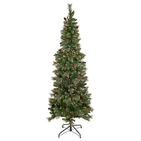 7ft. Pre-Lit Yorkshire Pine Pencil Artificial Christmas Tree with Pinecones & Gold Glitter, Clear Lights