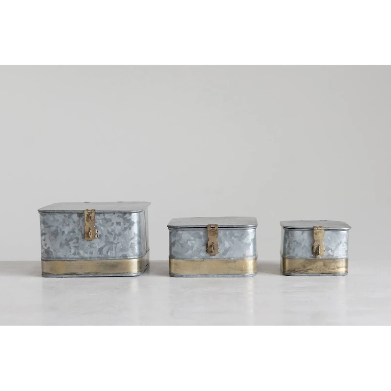 Hello Honey® Galvanized Metal Boxes with Lids & Brass Accents Set, 3ct.