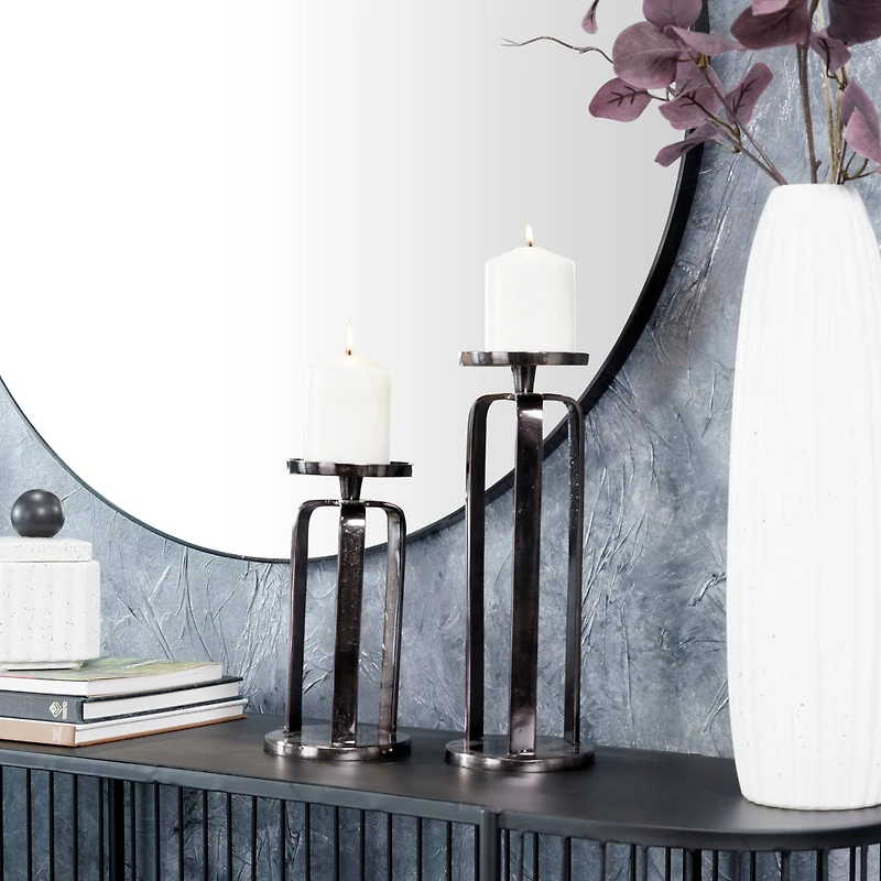 CosmoLiving by Cosmopolitan Set of 2 Black Aluminum Modern Candle Holder, 14" x 10"