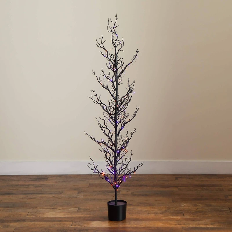 5ft. Pre-Lit Artificial Halloween Black Spooky Twig Tree with 200 Orange & Purple Copper Wire String LED Lights
