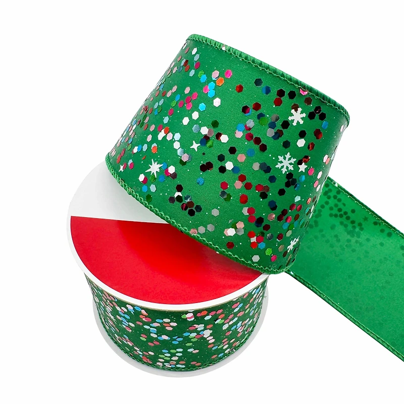 2.5"  20ft. Green Confetti Wired Glitter Ribbon by Celebrate It®