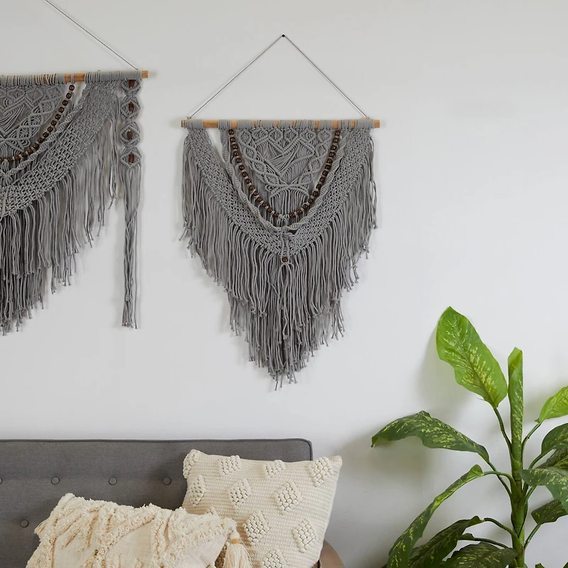 Gray Cotton Handmade Intricately Weaved Macrame Wall Decor with Beaded Fringe Tassels 27" x 1" x 42"