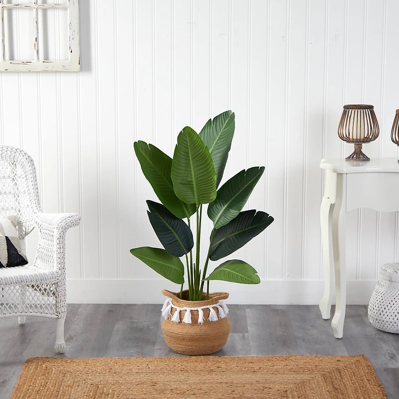 4ft. Travelers Palm Artificial Tree in Boho Chic Handmade Natural Cotton Woven Planter with Tassels