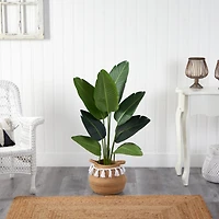 4ft. Travelers Palm Artificial Tree in Boho Chic Handmade Natural Cotton Woven Planter with Tassels