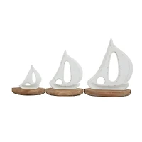 Set of 3 White Wood Coastal Sculptures, 11" x 8" x 5"
