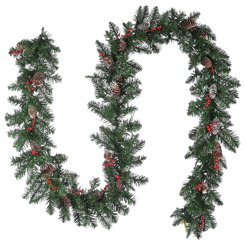 9' x 10" Pre-lit Glittery Mountain Spruce Artificial Christmas Garland with White Edged Cones, Red Berries and 50 Clear Lights