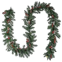 9' x 10" Pre-lit Glittery Mountain Spruce Artificial Christmas Garland with White Edged Cones, Red Berries and 50 Clear Lights