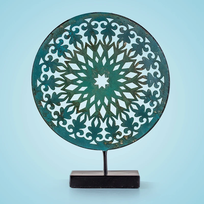 15" Turquoise Rustic Metal Medallion Sculpture