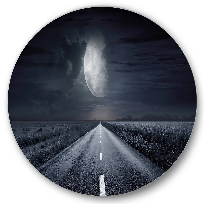 Designart - Asphalt Road Under Cloudy Full Moon III