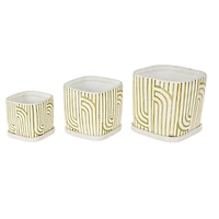 Green Geometric Linear Arch Pattern Ceramic Planter Set