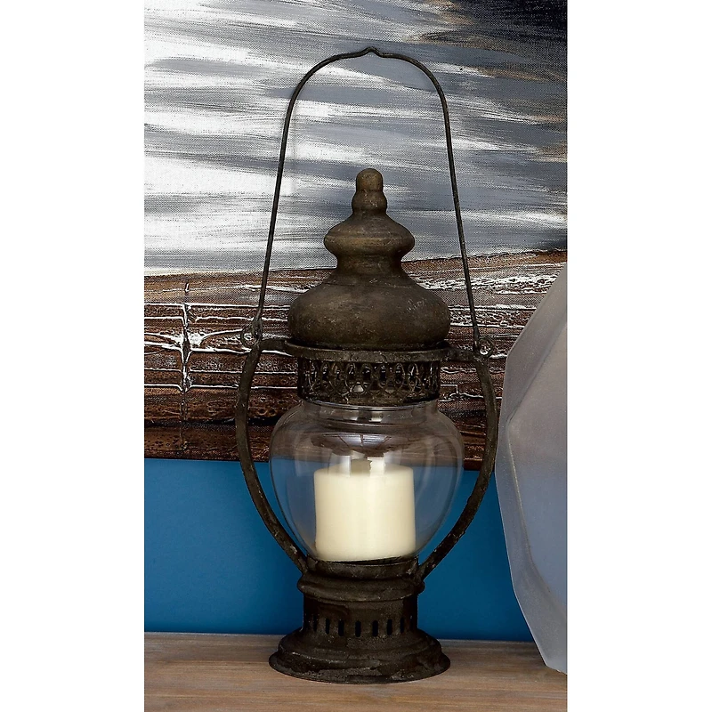 14" Brown Iron Rustic Candle Holder Lantern