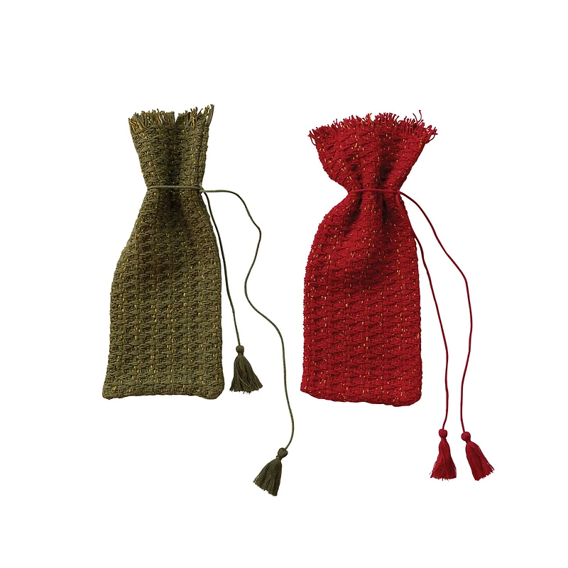 Hello Honey Green & Red Woven Cotton Wine Bag with Metallic Gold Thread & Tassels, 2ct.