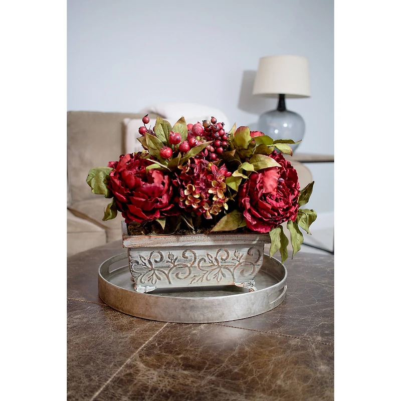 18" Red Peony & Hydrangea Arrangement in Decorative Planter