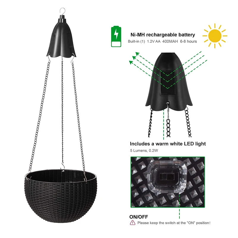Glitzhome® 30" Black Solar Lighted Hanging Plastic Planters, 2ct.