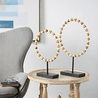 Brown Wood Geometric Beaded Ring Sculpture Set