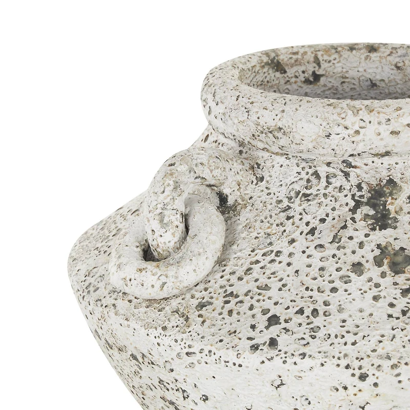 14" White Antique-Style Textured Ceramic Vase with Ring Handles