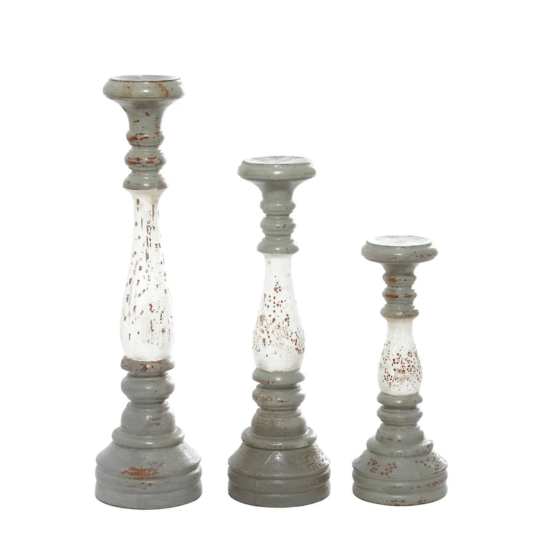 20" White & Gray Wood Farmhouse Candlestick Holder Set