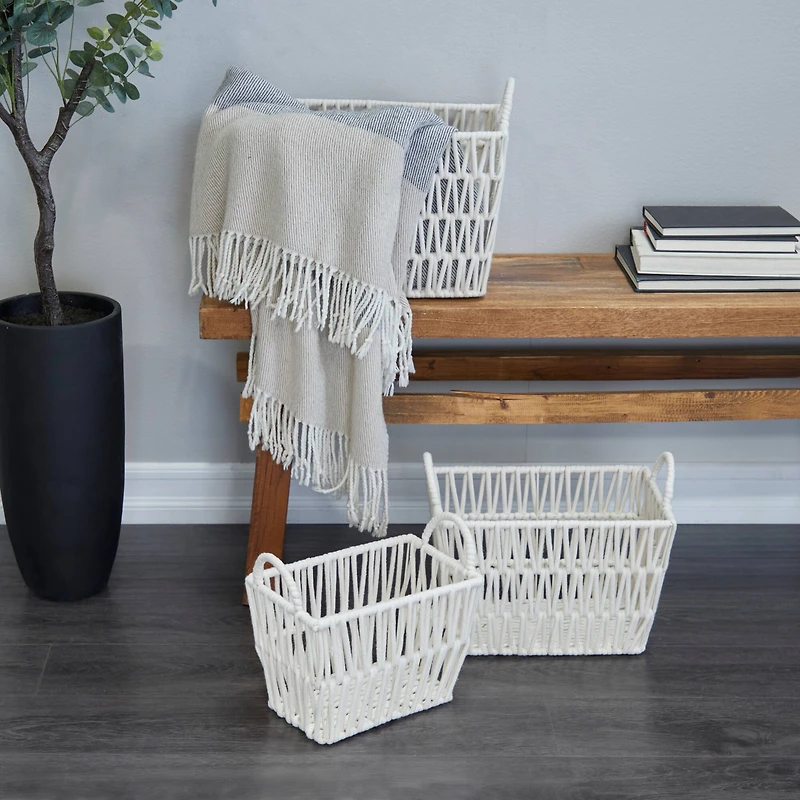 White Cotton Handmade Storage Basket with Handles Set of 3 12", 11", 10"