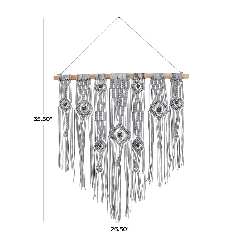 Gray Cotton Intricately Weaved Macrame Wall Decor with Beaded Fringe Tassels 27" x 1" x 36"