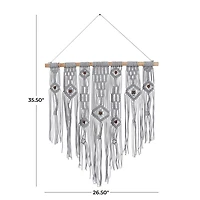 Gray Cotton Intricately Weaved Macrame Wall Decor with Beaded Fringe Tassels 27" x 1" x 36"