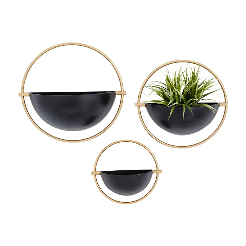 Set of 3 Black Iron Contemporary Planters, 15" x 14" x 5"