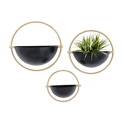 Set of 3 Black Iron Contemporary Planters, 15" x 14" x 5"