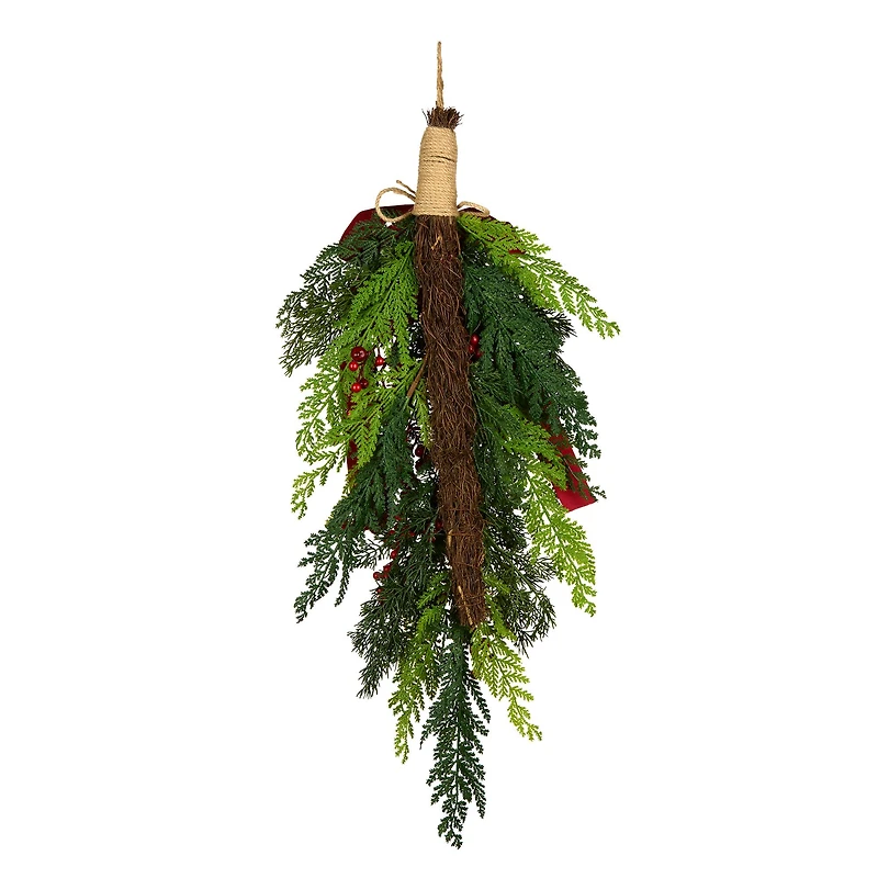 28" Christmas Joy Cypress, Red Berry & Pinecone Teardrop Swag