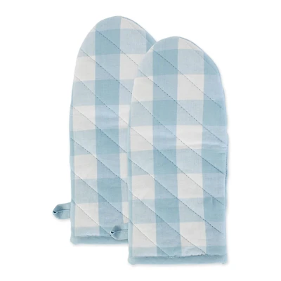 DII® White & Light Blue Buffalo Check Kitchen Textiles Oven Mitts, 2ct.