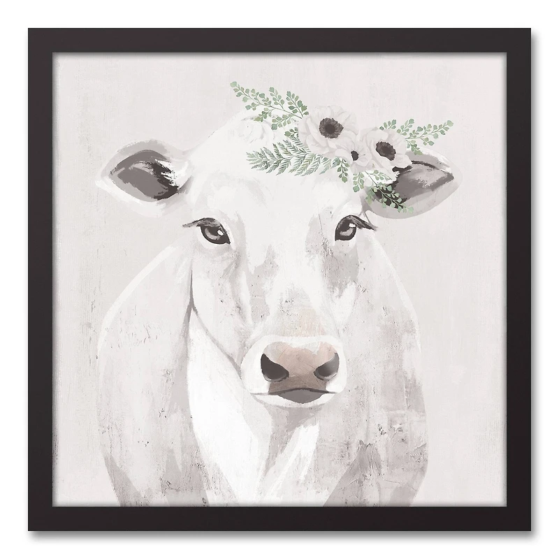 Cow With Florals 17.73" x 17.73" Black Framed Canvas