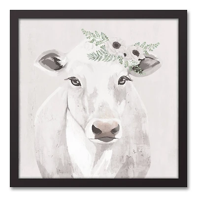 Cow With Florals 17.73" x 17.73" Black Framed Canvas