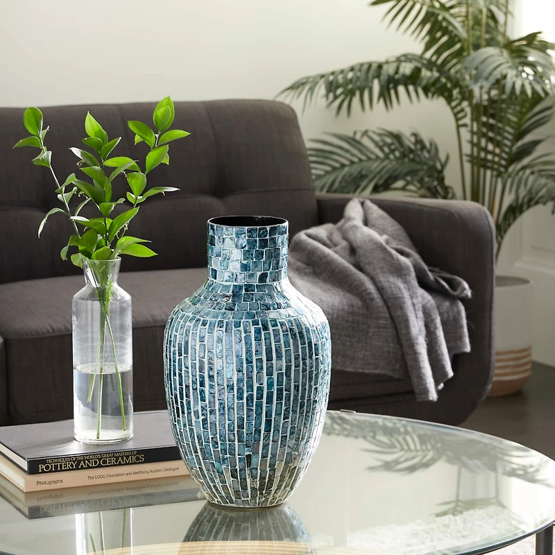 16" Blue Mother of Pearl Coastal Vase