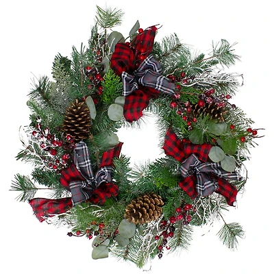 24" Flocked Dual Plaid And Berries Artificial Wreath