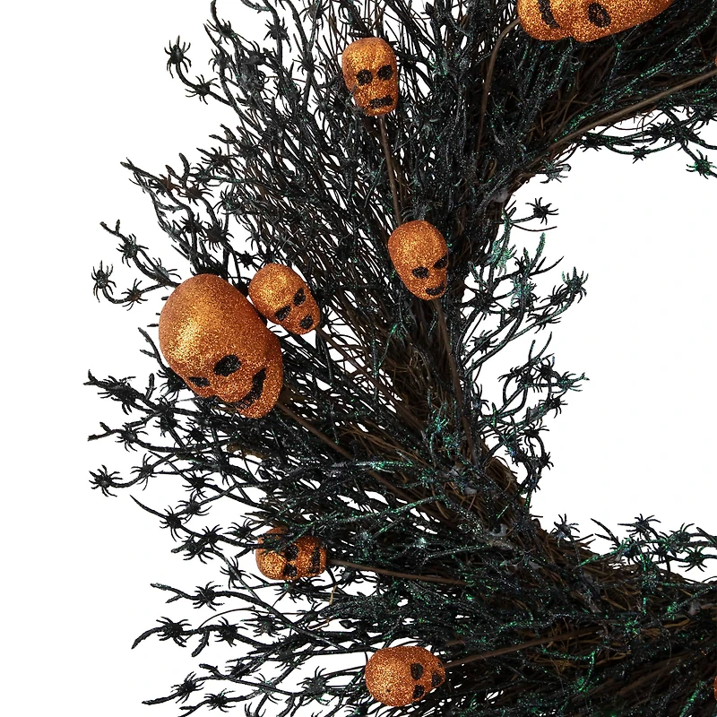 22" Black & Orange Skulls and Spiders Halloween Twig Wreath