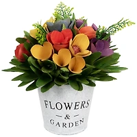 7.5" Wooden Artificial Spring Floral Arrangement with Flowers & Garden Pot