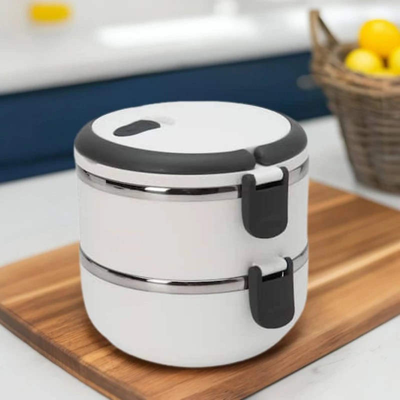 Kitchen Details 2-Tier White Insulated Stainless Steel Lunch Box