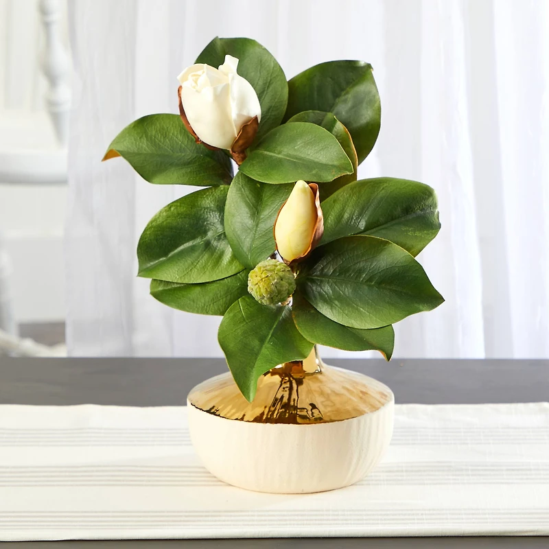 15" Magnolia Plant in Gold & Cream Elegant Planter