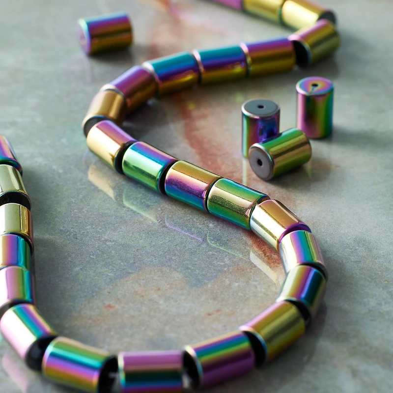 Rainbow Reconstituted Hematite Tube Beads