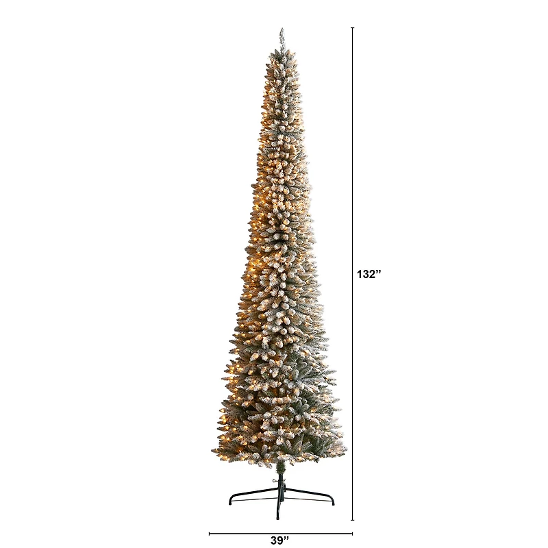 11ft. Pre-Lit Flocked Artificial Pencil Christmas Tree, Clear Lights