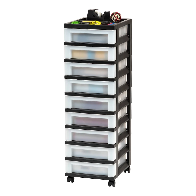 IRIS Black -Drawer Storage Cart with Organizer Top