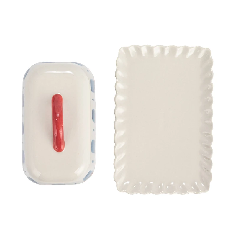 Hello Honey® 6.75" White, Red & Blue Hand-Painted Stoneware Butter Dish