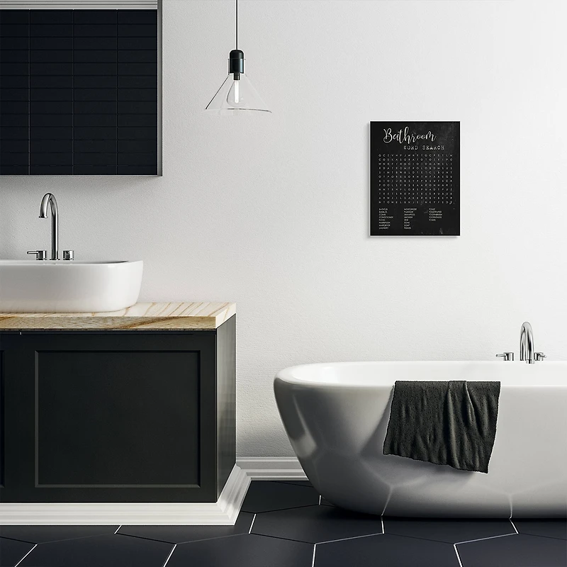Stupell Industries Bathroom Word Search Activity over Distressed Black Canvas Wall Art