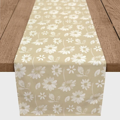 6ft. Tan & White Florals Cotton Twill Table Runner