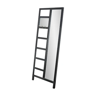 Black Wood Decorative Ladder Mirror with Hooks - 60"